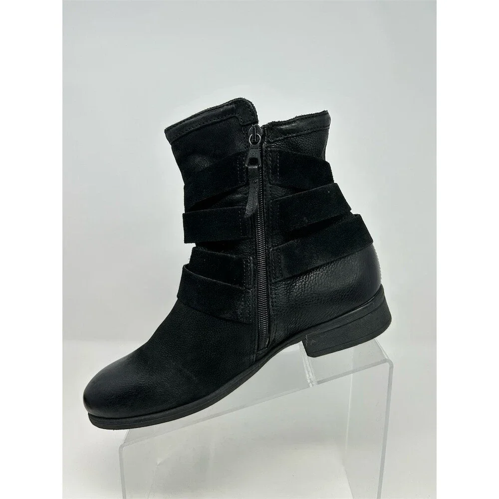 Miz Mooz Shane Womens Ankle Moto Bootie Black Side Zip Buckle Straps Size 39